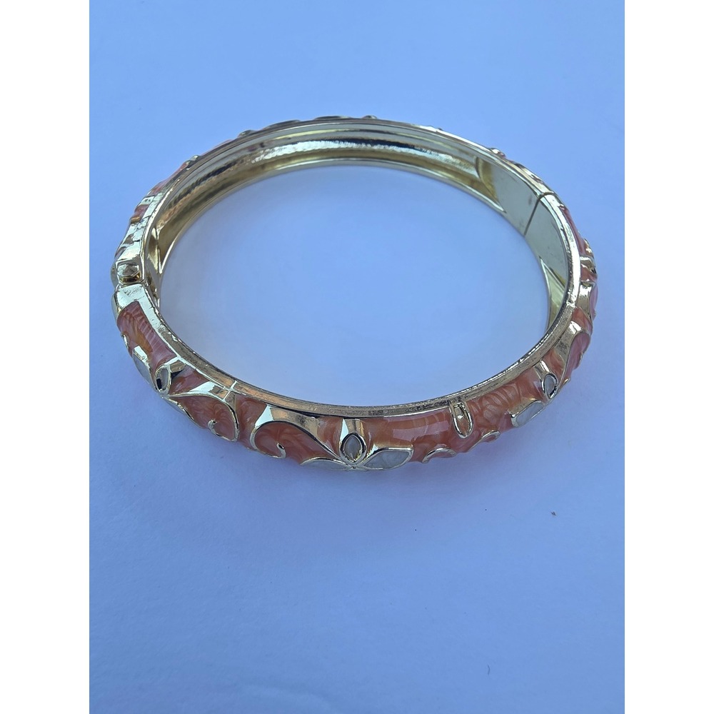 Orange Enamel Gold Tone Floral Hinged Bangle Bracelet 7 Inch